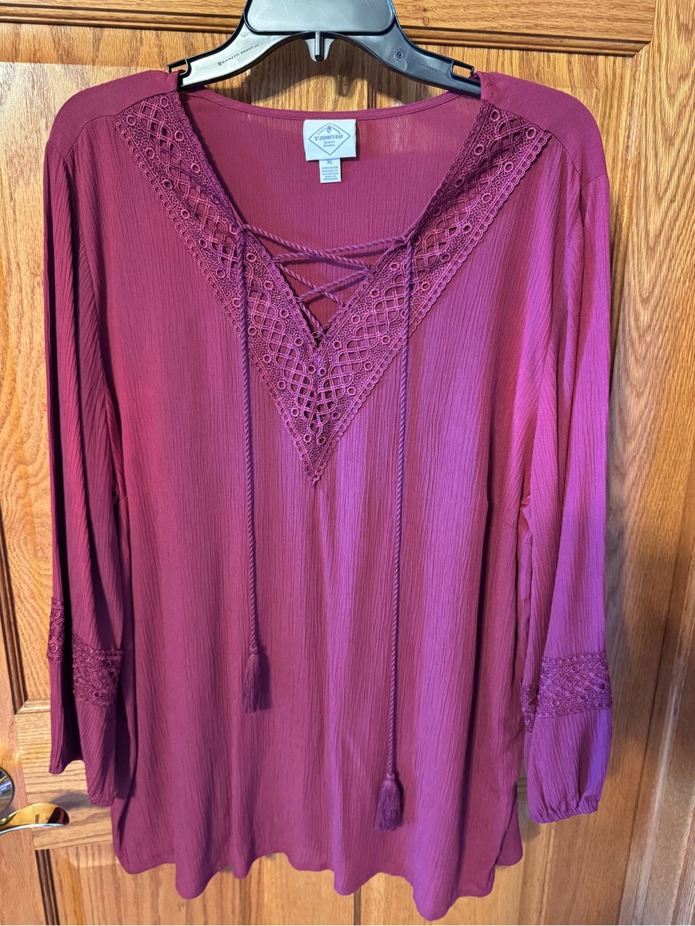 Aventura Berry Lace-Trim V-Neck Tunic with Tassels